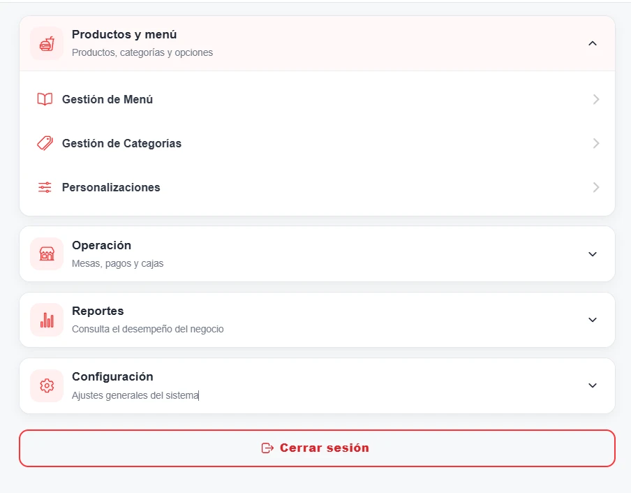 Panel actualizado de administración de ComanDash con productos, personalizaciones, operación, reportes y configuración